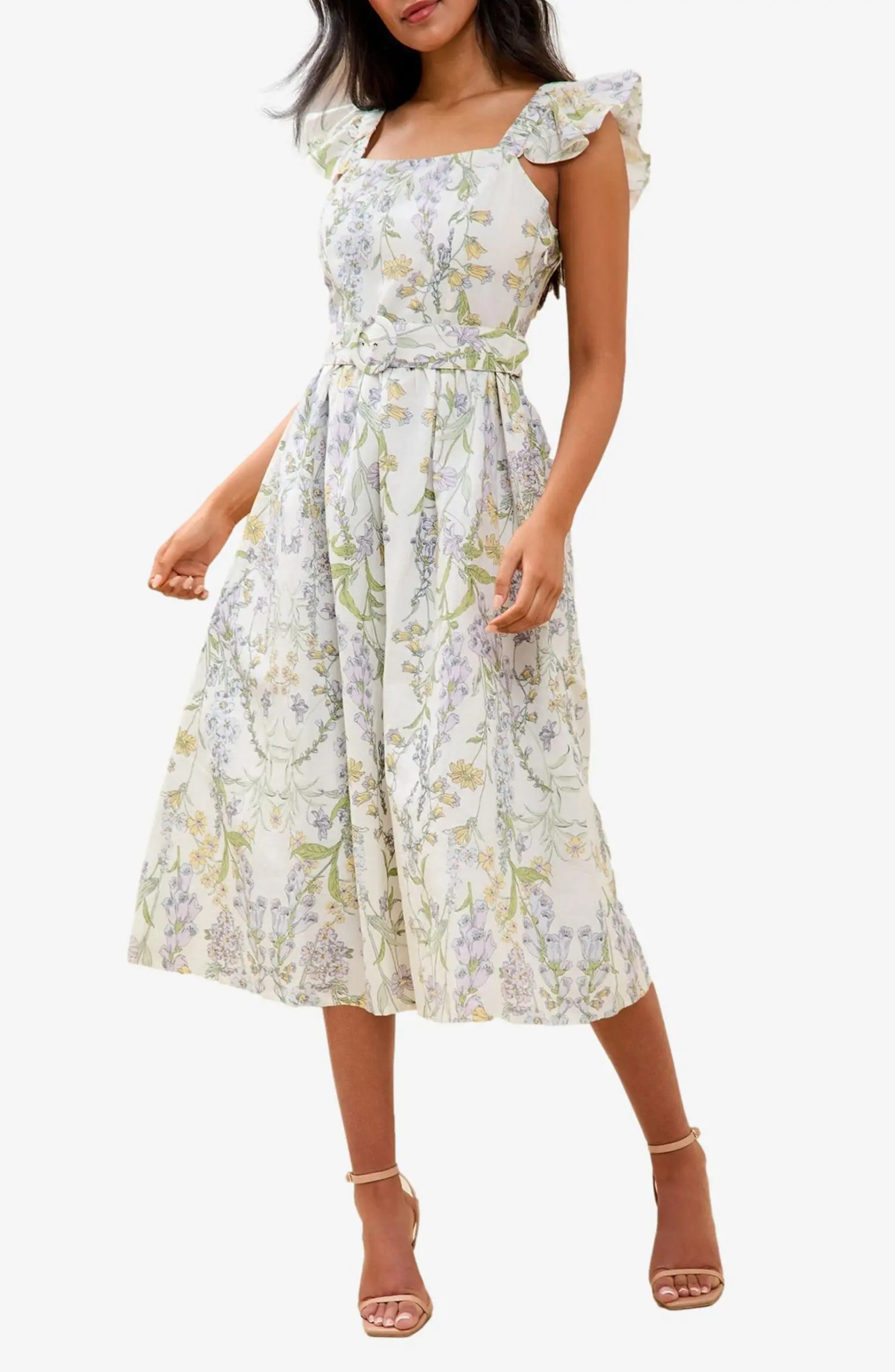 Lipsy Floral Print Ruffle Belted Midi Dress | Nordstrom | Nordstrom