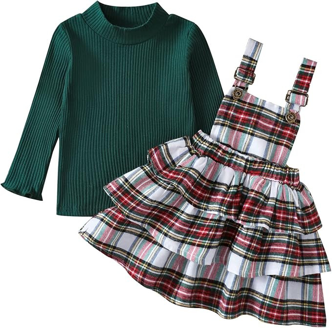 Toddler Baby Girls Christmas Outfits Set Long Sleeve Ribbed Knit Tops Plaid Suspender Skirt Infan... | Amazon (US)