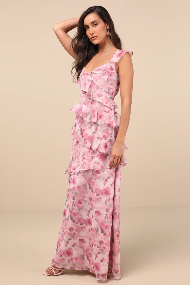 Evangeline Pink Floral Ruffled Maxi Dress | Lulus