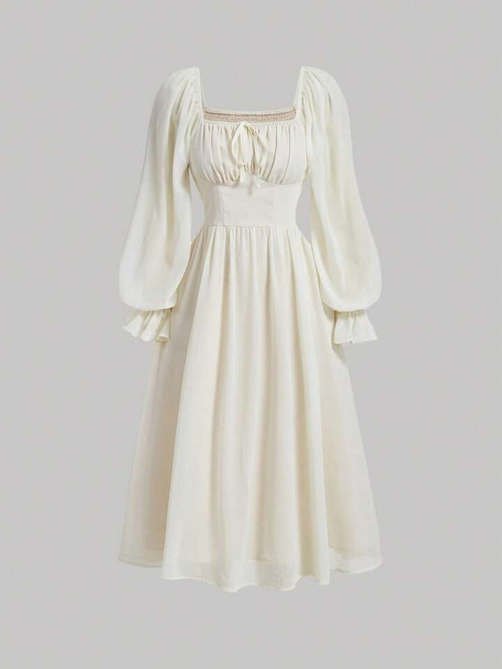 SHEIN MOD Square Neck Flare Sleeve Ruched Bust Dress | SHEIN