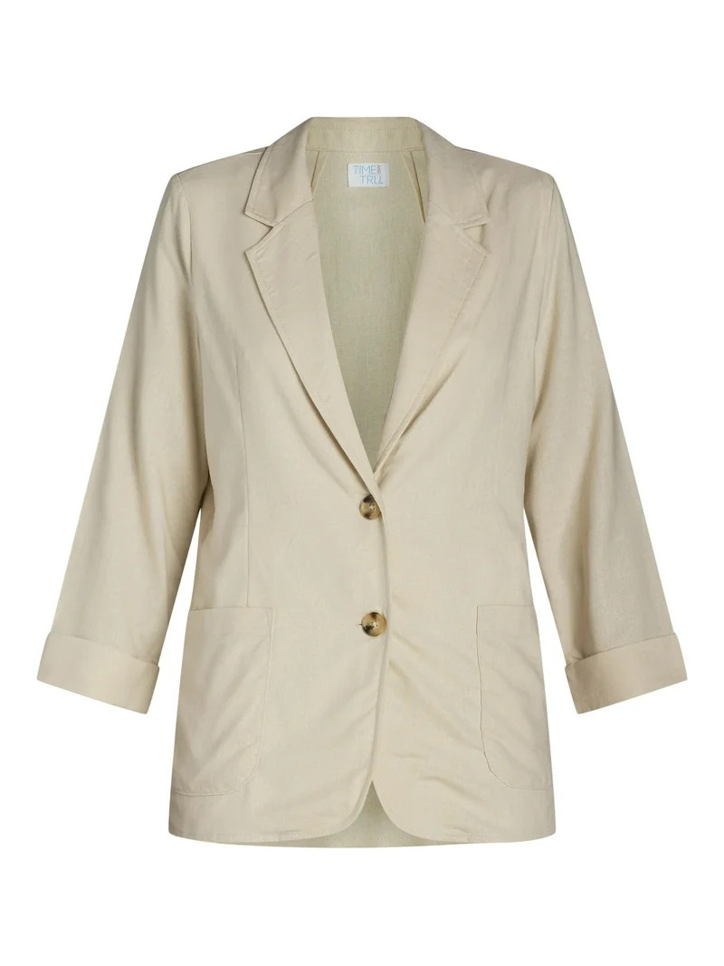 Time and Tru Women’s Linen-Blend Button Front Blazer with Patch Pockets, Sizes S-XXXL | Walmart (US)