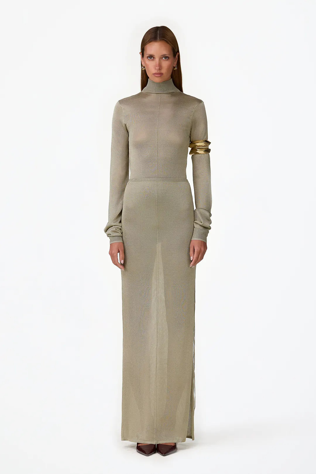 Ruched Knit Maxi Skirt (Sage Shimmer) | SAME