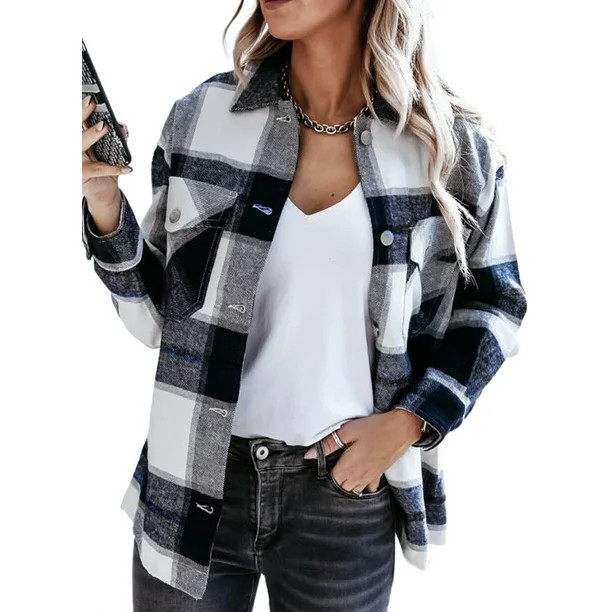 Dokotoo Women's Plaid Shacket Jacket Casual Colorblock Button Down Long Sleeve Shirt Jacket with ... | Walmart (US)