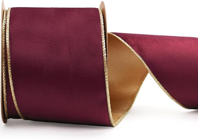 LaRibbons Velvet Wired Ribbon Burgundy and Gold 10 Yards 4 Inch Wide Double Faced Red Velvet Ribb... | Amazon (US)