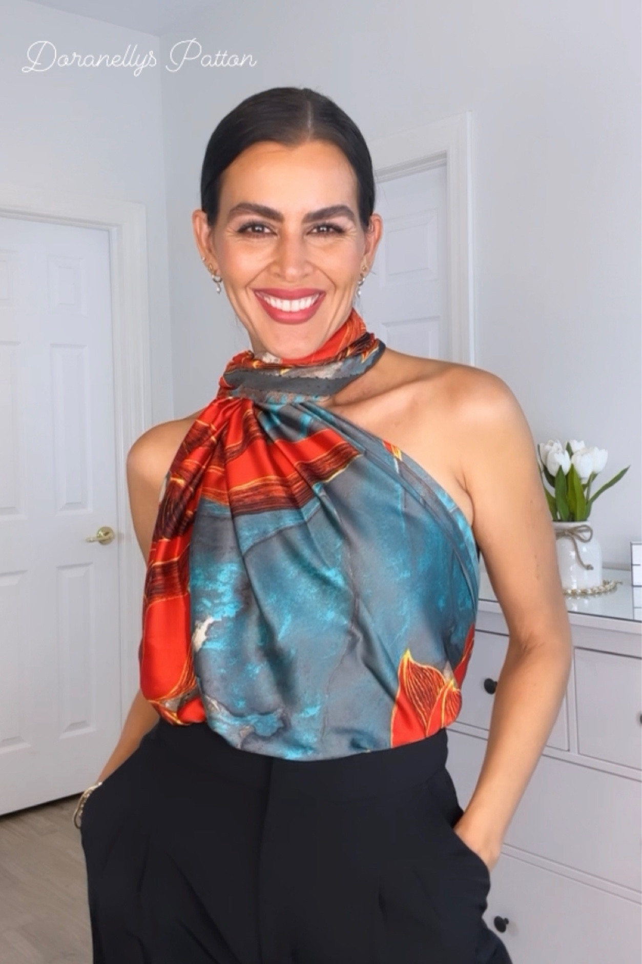 This scarf top is perfect for the holidays. I’m wearing a size 4 in the wide leg pants and a size S in the corset top. Super strawberry in the lip color

#LTKstyletip #LTKGiftGuide #LTKSeasonal