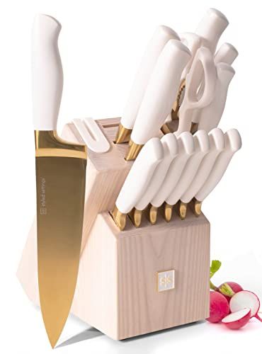 White and Gold Knife Set with Block Self Sharpening - 14 Piece Luxurious Titanium Coated Gold and... | Amazon (US)