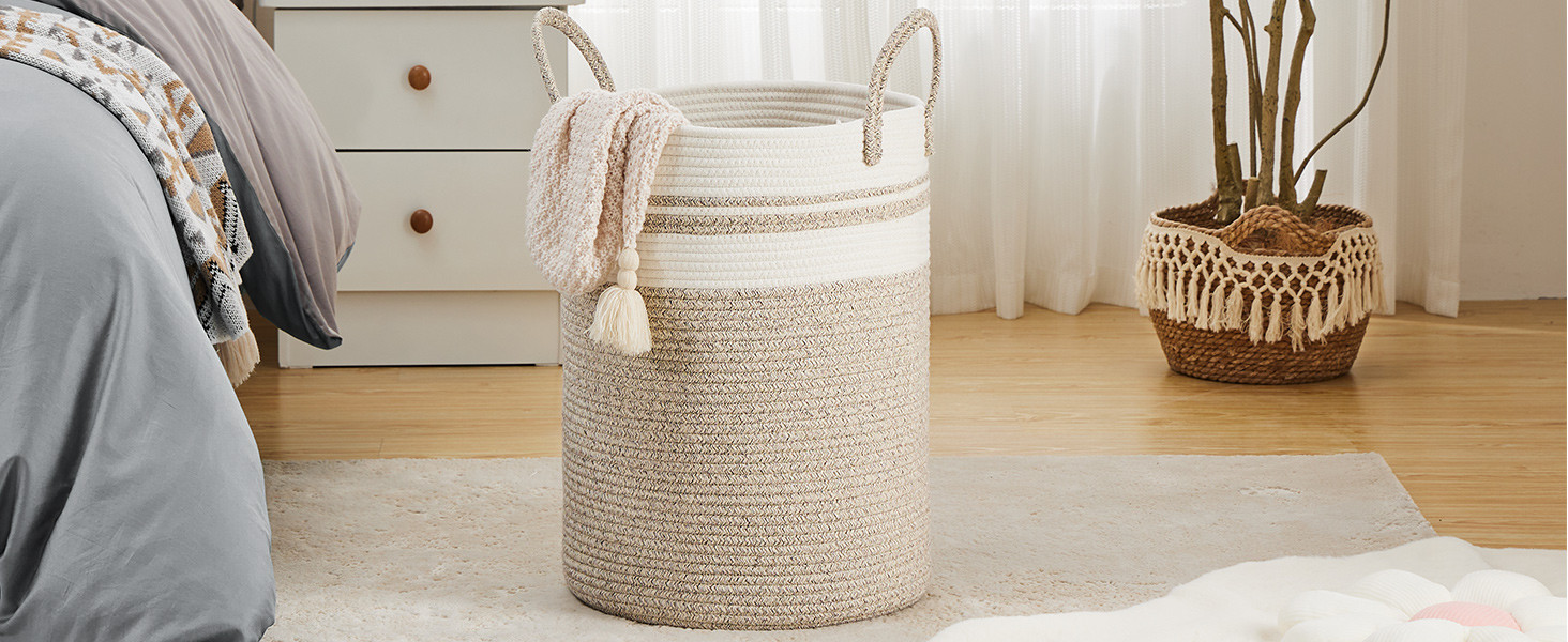 Amazon.com: Large Laundry Hamper, Tall Woven Storage Basket for Blankets, Cotton Baby Nursery Ham... | Amazon (US)