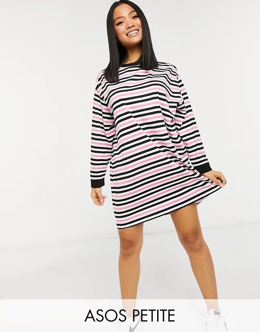 ASOS DESIGN Petite oversized long sleeve t-shirt dress in bright pink black and white stripe | ASOS (Global)