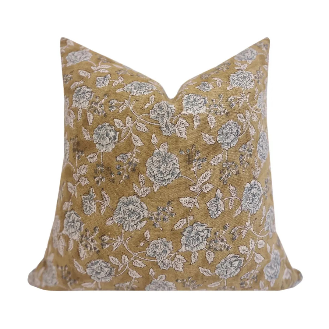 EDITH || Designer Floral Linen Pillow Cover, Mustard and Blue Pillow, Hand Block Print Pillow, Bl... | Etsy (US)