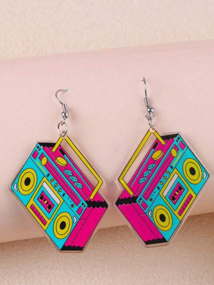 F6ID 1 Pair Vintage Acrylic Magenta Radio & Cassette Tape Minimalist Design Earrings For Women | SHEIN
