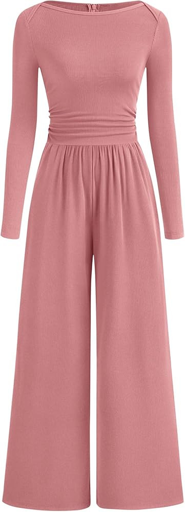 BTFBM Jumpsuits For Women One Piece Outfits Long Sleeve Stretchy Knit Wide Leg Pants Womens Jumps... | Amazon (US)