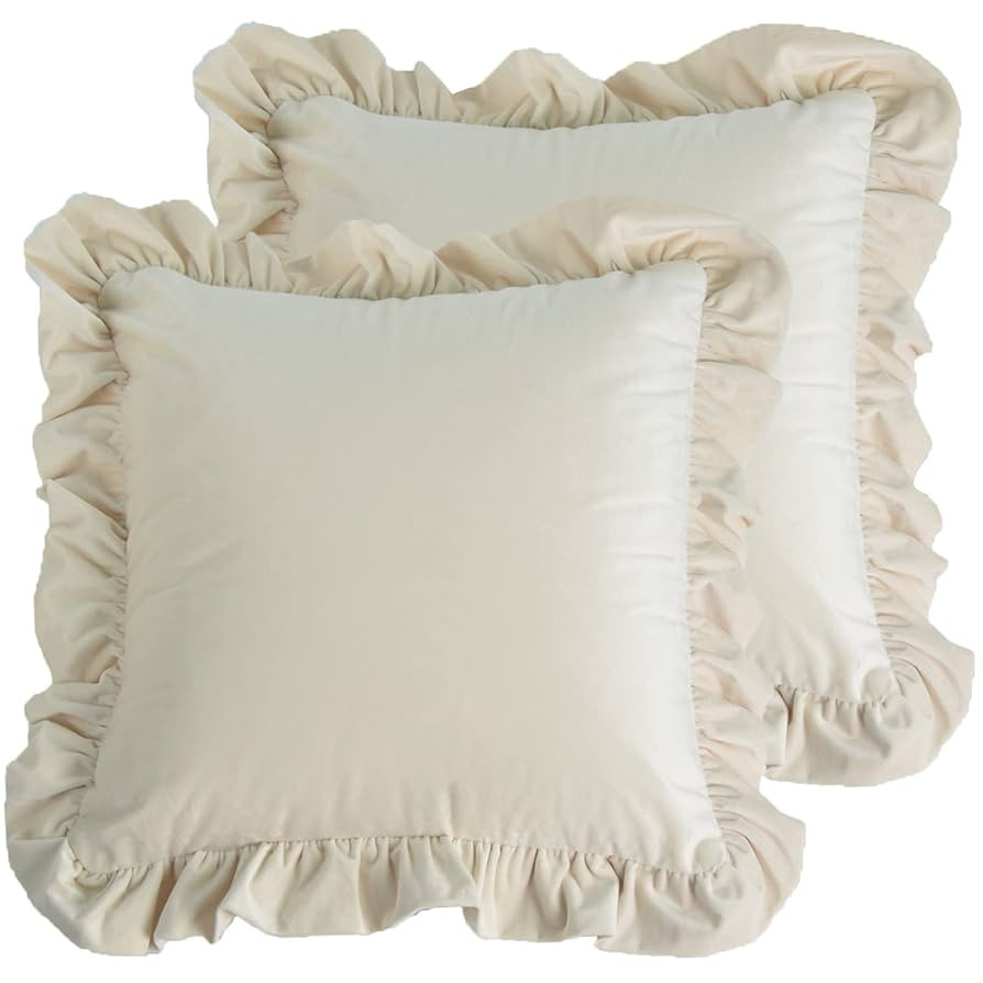 Velvet Ruffle Throw Pillow Covers Couch, Set of 2 Decorative Pillowcases with Ruffles 18x18 Inch ... | Amazon (US)