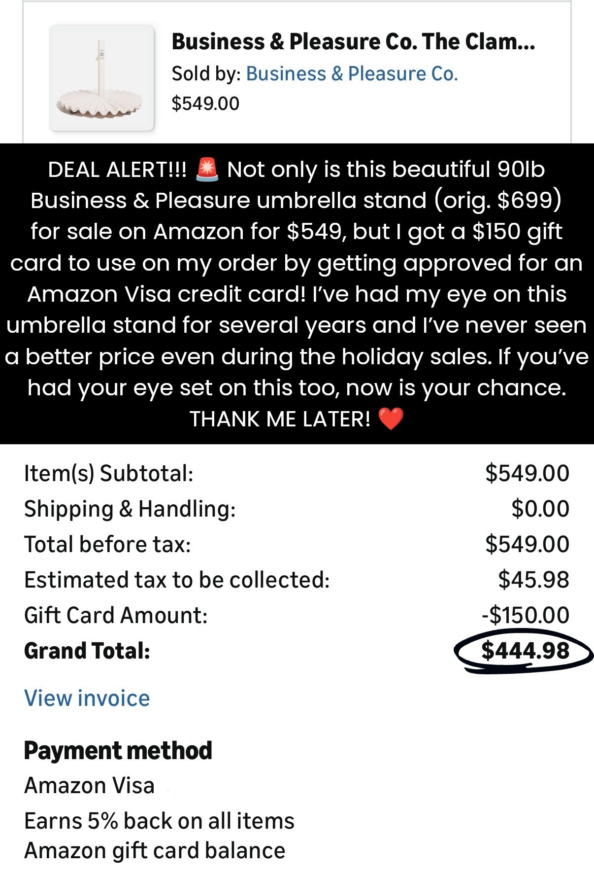 DEAL ALERT! 🚨 I got the Business & Pleasure XL Clamshell Base (90lb) for under $445 on Amazon! (normally $699 on B&P). Amazon is selling this umbrella stand for $549 and they give you a $150 gift card when you get approved for an Amazon Visa Card. I was able to get this for under $445 (over $250 below the B&P price) #founditonamazon #amazonhome #amazonfinds

#LTKSaleAlert #LTKHome