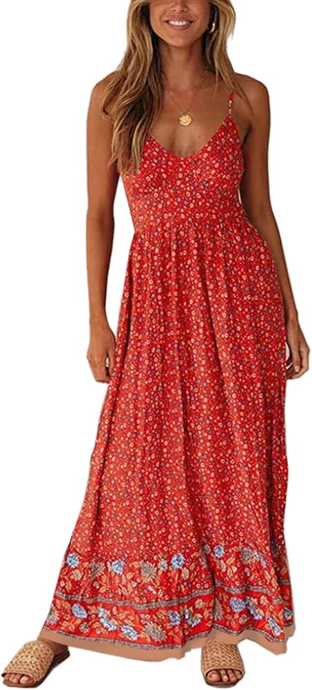 Angashion Women's Dresses Floral Adjustable Spaghetti Strap V Neck Boho Long Maxi Dress Summer Be... | Amazon (US)