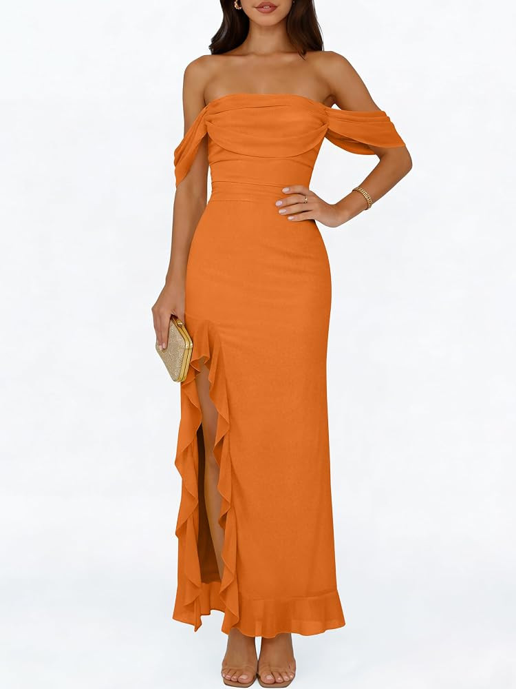 Amazon.com: Caracilia Womens Summer Off The Shoulder Formal Bodycon Maxi Dresses High Slit Ruffle... | Amazon (US)