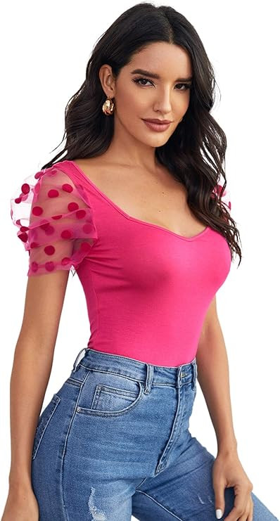 Verdusa Women's Sweetheart Neck Mesh Puff Sleeve Slim Fitted Tee Top | Amazon (US)