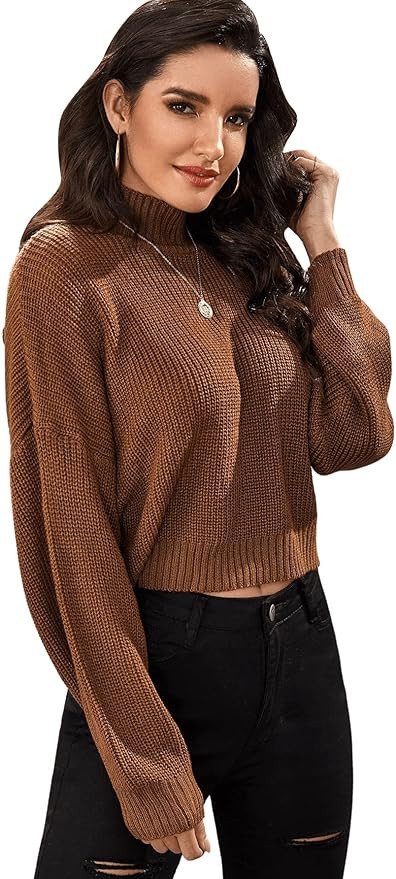SweatyRocks Women's Drop Shoulder Mock Neck Pullover Sweater Long Sleeve Basic Crop Sweaters | Amazon (US)
