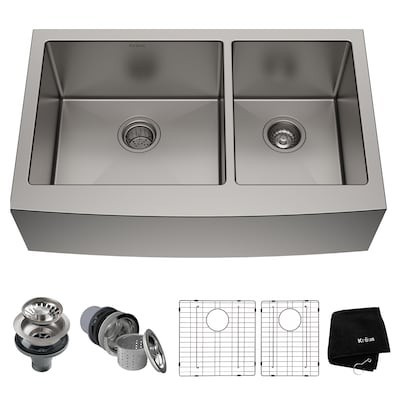 Kraus Standart PRO Farmhouse Apron Front 36-in x 21-in Stainless Steel Double Offset Bowl Kitchen... | Lowe's