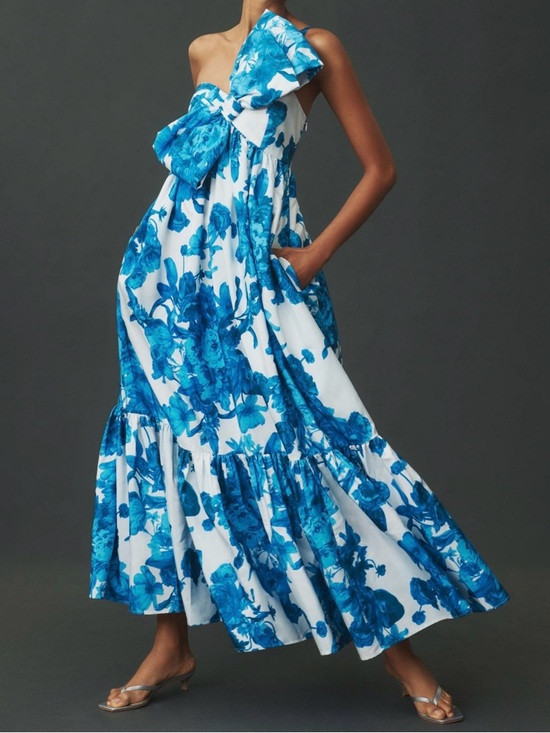 Anthropologie Atsu Sally One-Shoulder Blue Floral Midi Dress with Bow | Poshmark