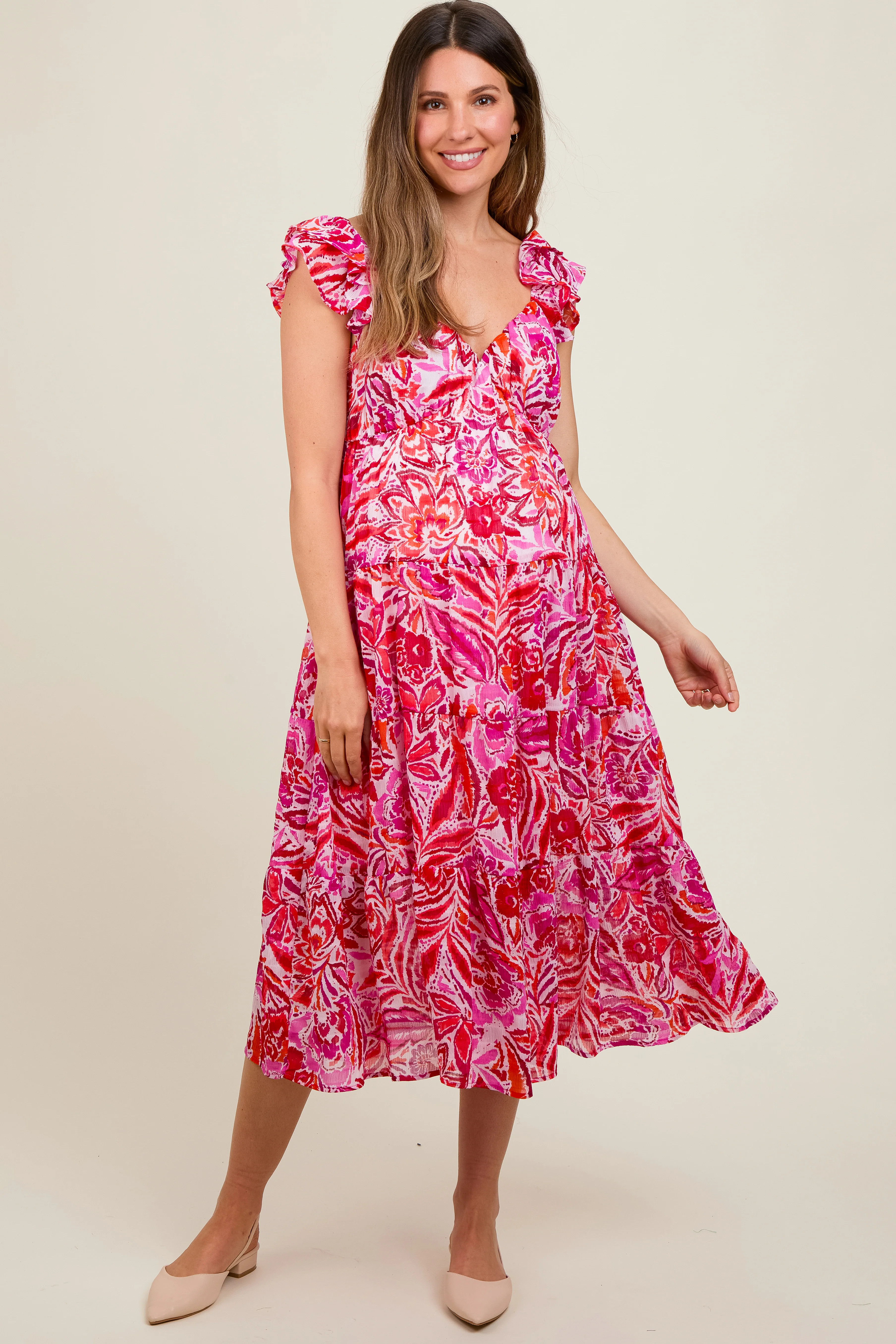 Fuchsia Floral Flutter Sleeve Maternity Dress | PinkBlush Maternity