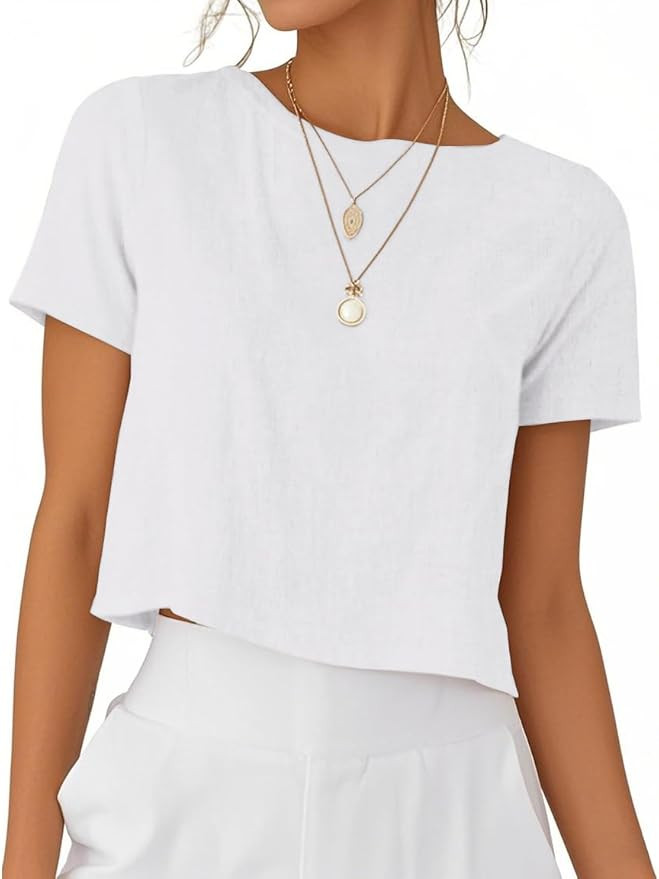 IDEALSANXUN Womens Short Sleeve Linen Shirts Casual Spring Summer Crewneck Cute Crop Beach Blouse... | Amazon (US)