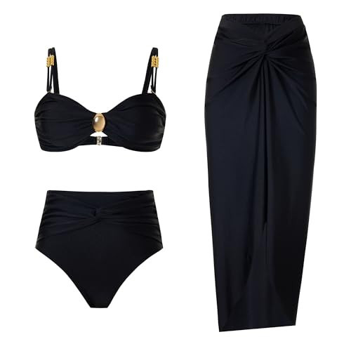YUNIDMEIM 3 Piece Swimsuits for Women Retro Bikini Set Beach Wrap Skirt High Waisted Bikini Sets for Women Tummy Control Black | Amazon (US)