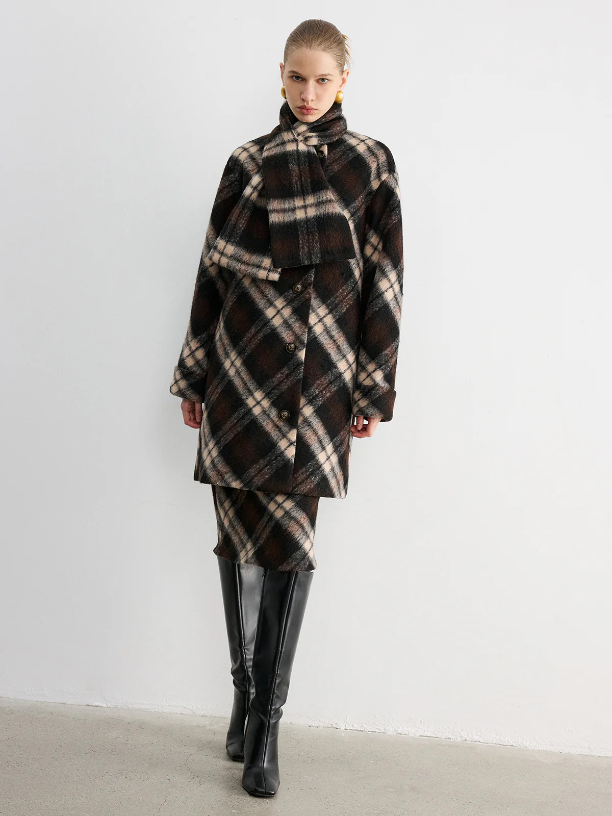 Plaid Wool-Blend Coat with Matching Scarf | Commense