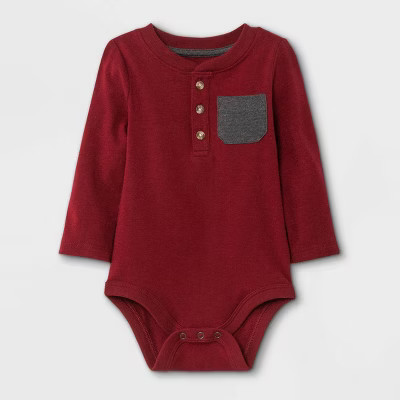 Baby Boys' Henley Long Sleeve Bodysuit with Pocket - Cat & Jack™ Maroon | Target