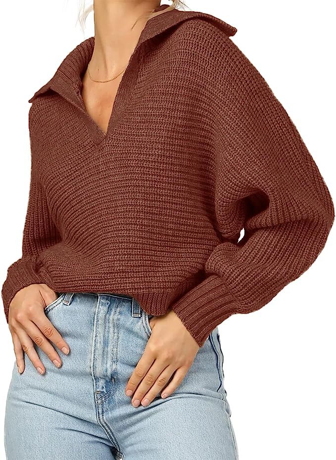 HZSONNE Women's Lapel Collar V Neck Soft Sweater Solid Long Sleeve Cozy Pullover Tops Knitwear | Amazon (US)