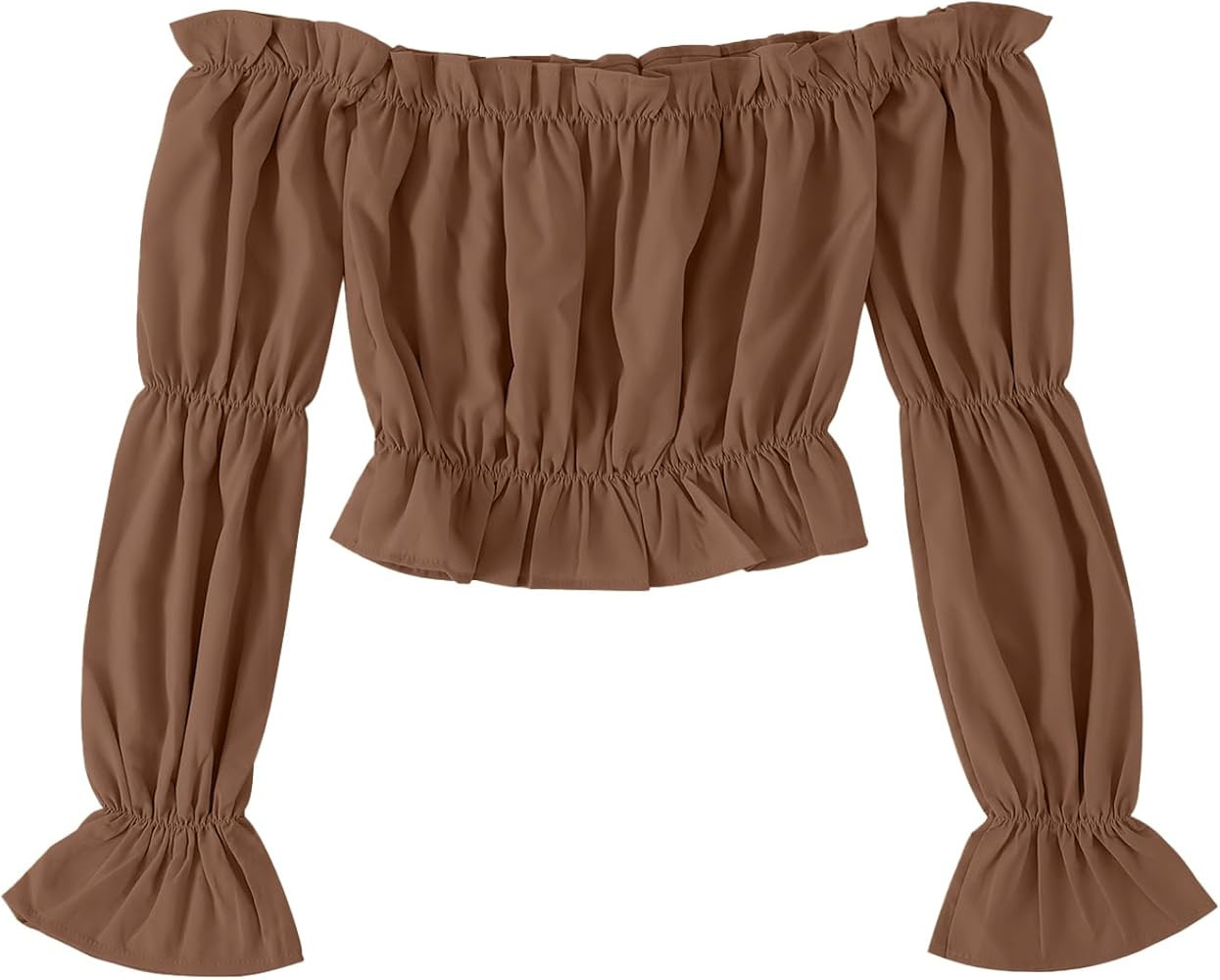 LYANER Women's Off Shoulder Ruffle Trim Puff Long Sleeve Tube Crop Blouse Shirt Top | Amazon (US)