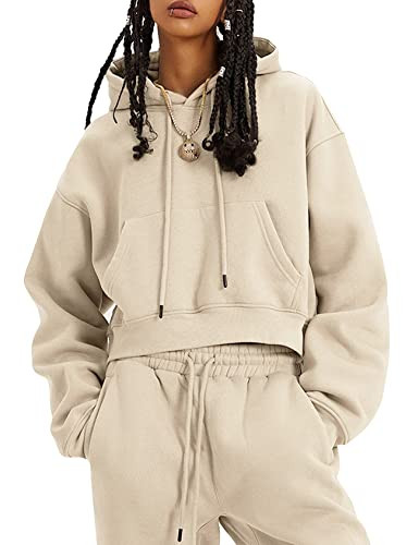 Kissonic Women's Fleece Jogger Sets 2 Pieces Sweatsuits Outfits Crop Top Hoodies Jogger Pants(Beige-L) | Amazon (US)