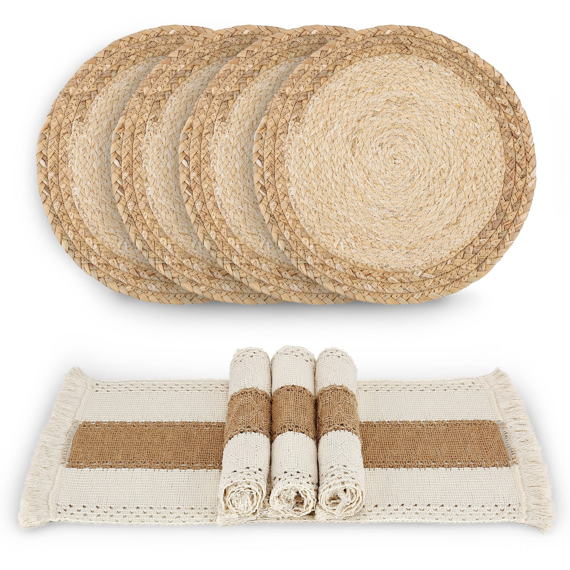 Handmade Boho Placemats Set of 4 - Natural Cotton Burlap and Water Straw Woven Combination Table ... | Amazon (US)