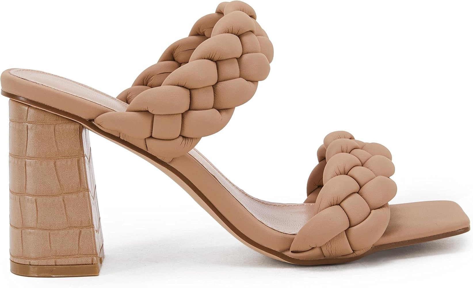 Womens Braided Heeled Sandals Backless Square Open Toe Block Strappy Slip On Slide Shoes | Amazon (US)