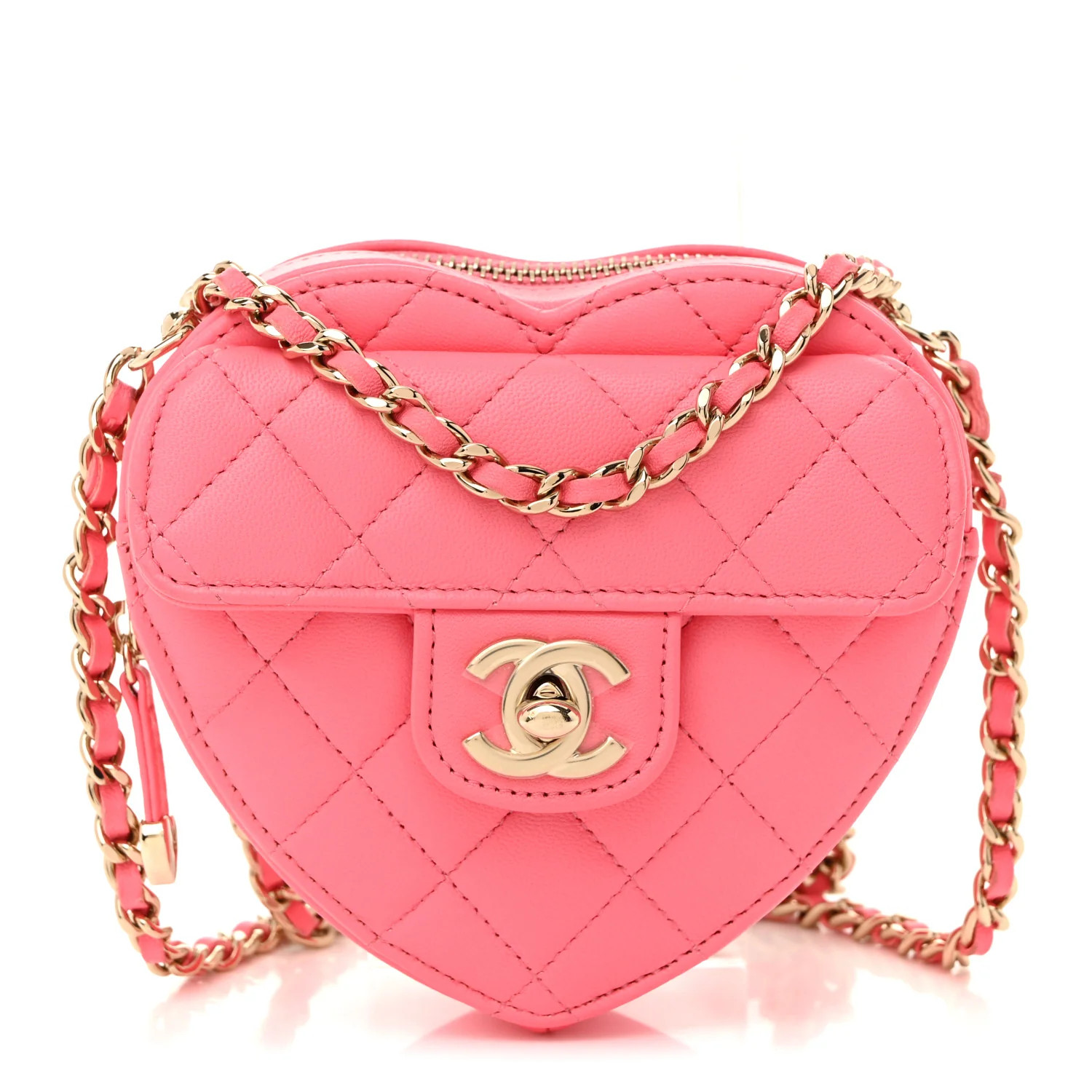 Lambskin Quilted CC In Love Heart Clutch With Chain Pink | FASHIONPHILE (US)