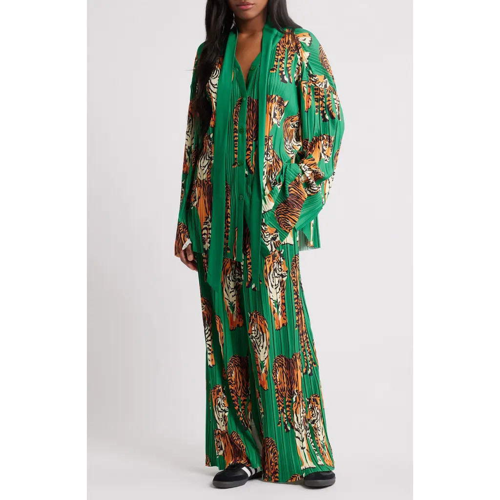 Dressed in Lala The Show Must Go On Pleated Shirt & Pants Set in Green Tiger at Nordstrom, Size Xx-Large | Nordstrom