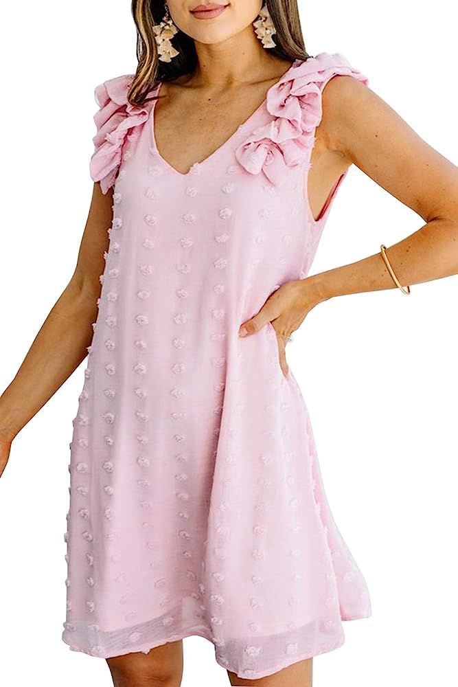 KIRUNDO Women’s Summer Sleeveless V-Neck Mini Dress Chiffon Swing Dress Swiss Dot Shift Dress F... | Amazon (US)
