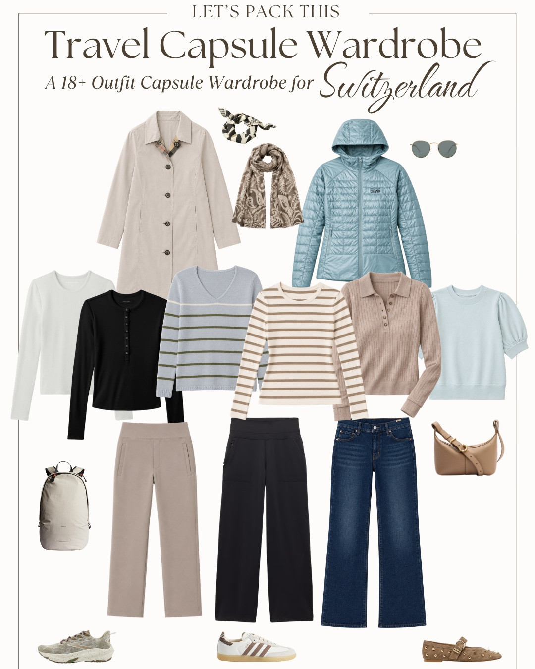 This travel capsule wardrobe was designed for Switzerland at the end of May into June—cool mornings, mild afternoons, mountain weather swings, lake breezes, rain showers, and lots of walking/train travel.

Expect daytime highs: 60s–70s°F in northern cities and lake regions like Zürich, Lucerne, and Bern. Mornings and evenings can feel much cooler, especially near the water or at higher elevations.

Instead of packing heavy layers, I focused on lightweight pieces that could stack easily and handle changing weather throughout the day.

Here’s what I packed for Switzerland: • 6 tops (merino layers, lightweight knits, elevated basics) • 3 bottoms (active pant, black trouser pant, denim) • 2 outer layers (waterproof trench + packable down jacket) • 3 shoes (trail sneaker, lifestyle sneaker, ballet flat *swap for a weather-friendly loafer if rain is in the forcast.) • Crossbody bag • Lightweight scarf + neckerchief • Sunglasses

I chose lightweight knits, merino layers, and elevated basics that could handle Switzerland’s changing temperatures while still feeling polished enough for city days, train travel, and casual dinners.

Everything mixes and matches easily, layers well, and fits in a carry-on suitcase.

Not headed to Switzerland? This capsule also works well for Austria, southern Germany, northern Italy, the French Alps, Slovenia, and Scandinavian cities in late spring or early summer.

⭐️ My travel capsules are created using research, personal travel experience, and my own style preferences. I do my best to account for weather and real-life travel needs, but every trip is different. Use these as a fun starting point, not rigid rules. Take what works, leave what doesn’t, and make it your own. ⸻ Hi! I’m Haley, and I created Carry-On Couture to help you curate functional and beautiful travel capsule wardrobes specifically designed for carry-on travel. Thank you for being here

#LTKOver40 #LTKTravel