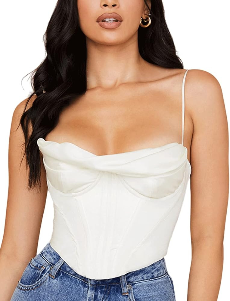 BZSFW Women's Satin Cowl Neck Spaghetti Strap Party Crop Tops Cute Boned Zip Back Corset Y2K Fash... | Amazon (US)