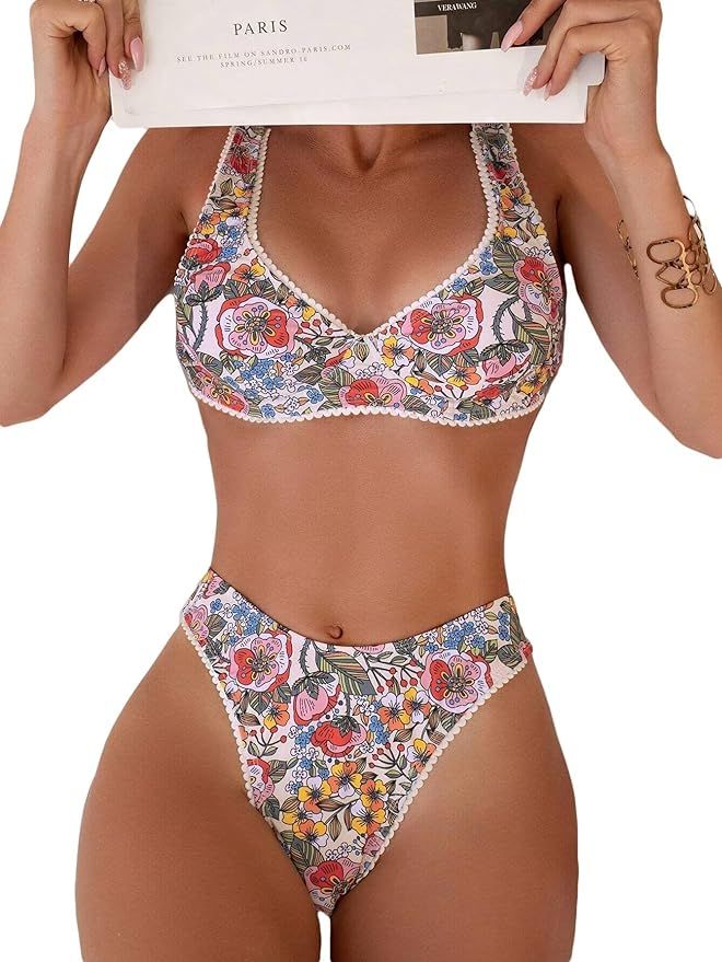Women's Floral Printed Bathing Suit High Waisted Knot Swimsuit Bikini Set | Amazon (US)
