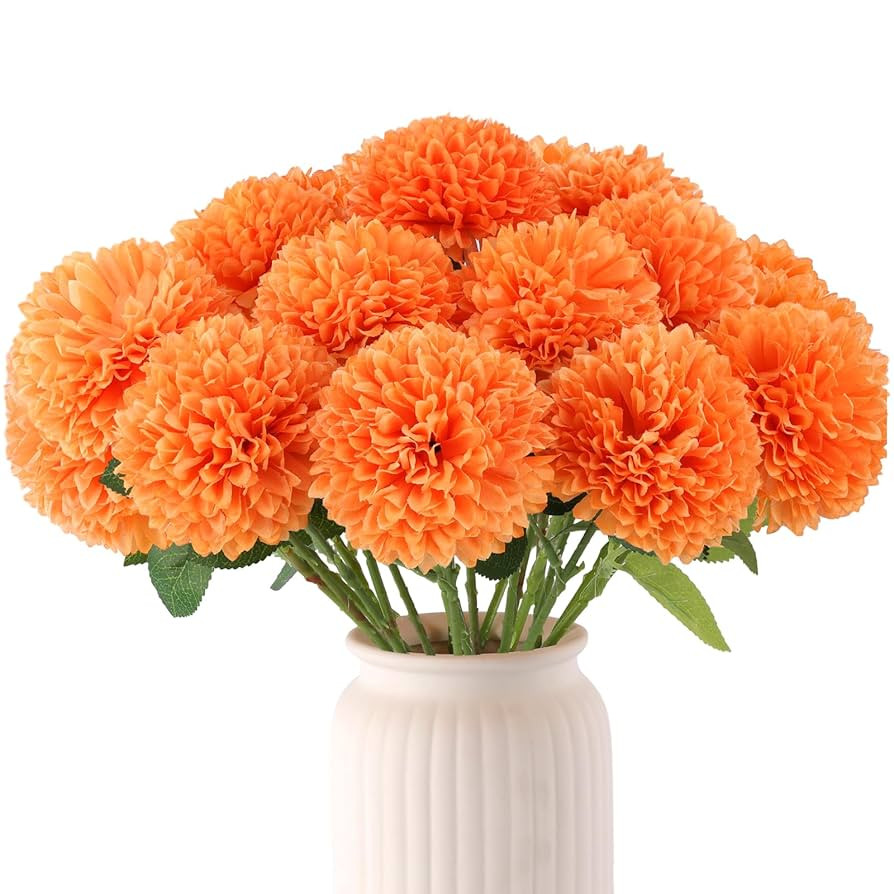 Hananona 12 Pcs Artificial Chrysanthemums Flowers Ball Flower, Orange Fake Mums Silk Fall Flowers... | Amazon (US)