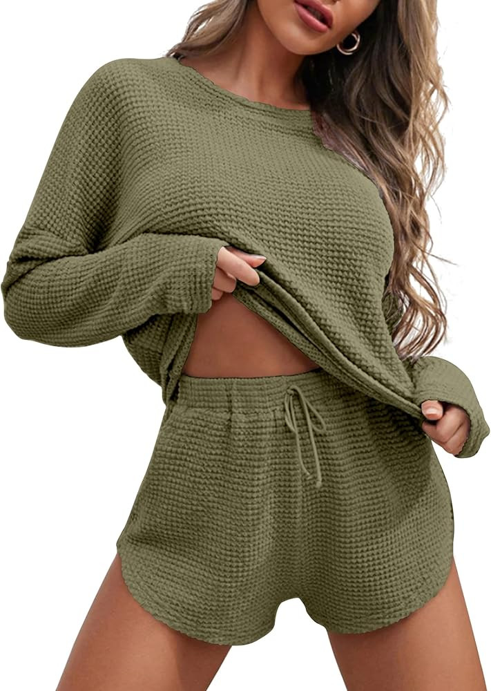 Ekouaer Womens Waffle Knit Pajama Sets Long Sleeve Top and Shorts Matching Lounge Set Loungewear ... | Amazon (US)