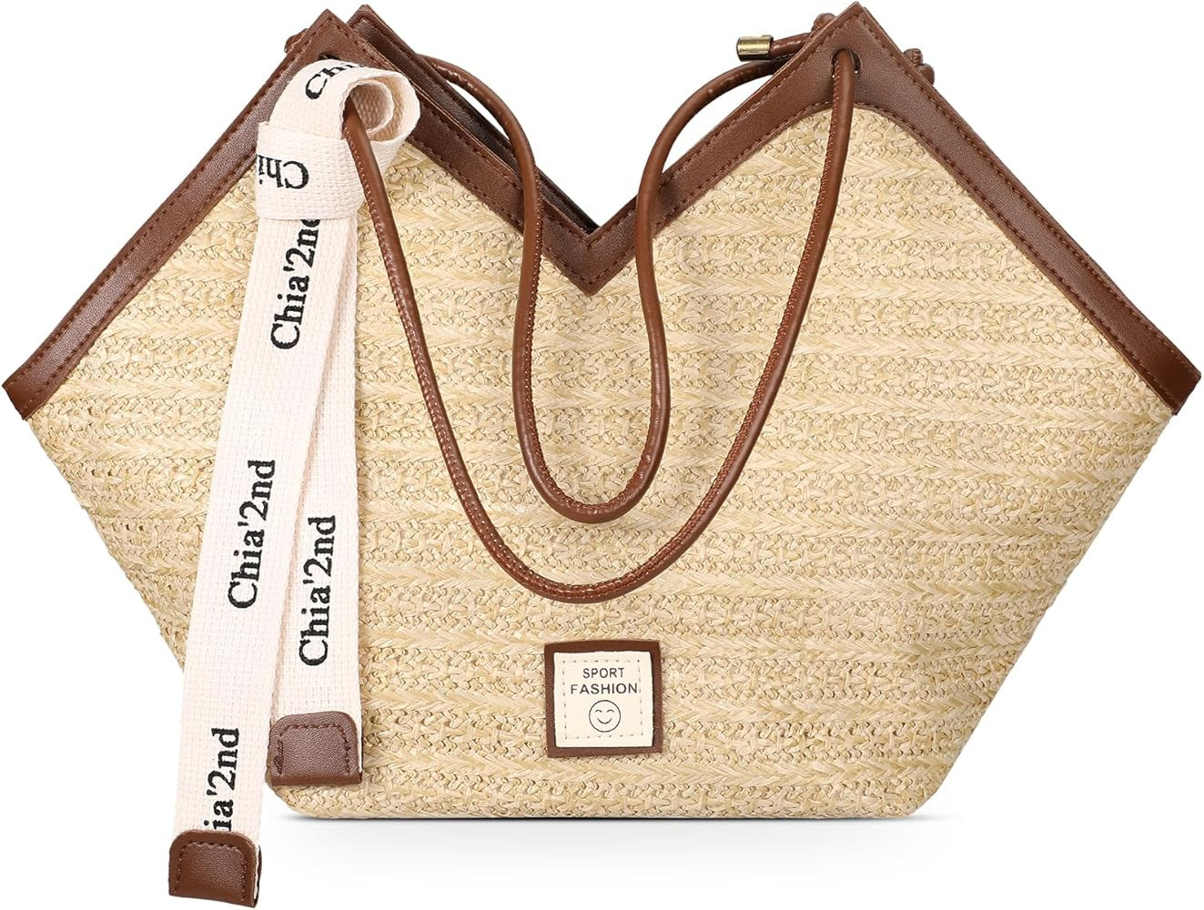 Straw Beach Tote Bag for Women, Summer Woven Tote Bags with Zipper, Portable Shoulder Vacation Pu... | Amazon (US)