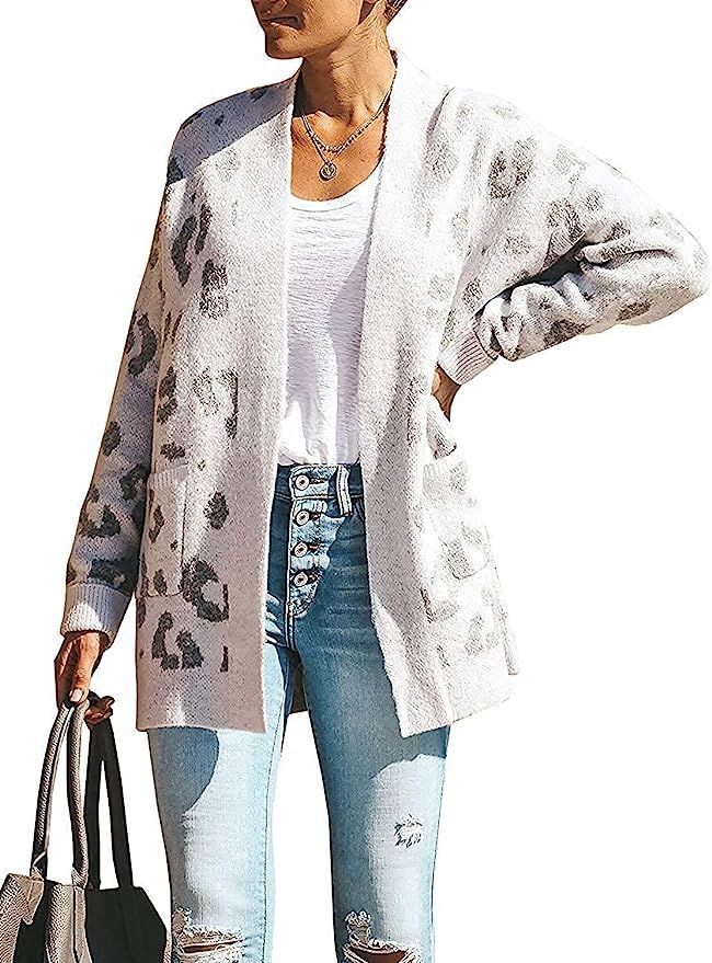 ZESICA Women's Long Sleeves Open Front Leopard Print Button Down Knitted Sweater Cardigan Coat Ou... | Amazon (US)