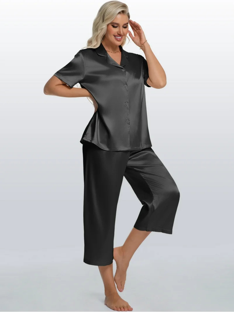 DAKIMOE Silk Satin Pajama Set for Women Capri Pajamas Short Sleeve Button Down Two Piece Pjs Slee... | Walmart (US)