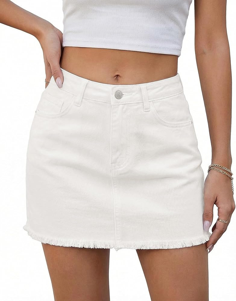 luvamia Jean Skirts for Women Denim Women's Casual Mid Rise Washed Frayed Jean Short Skirt with P... | Amazon (US)