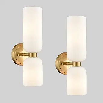 Gold Wall Sconces Set of Two 2-Light Modern Wall Light Bathroom Vanity Light Milky White Glass | Amazon (US)