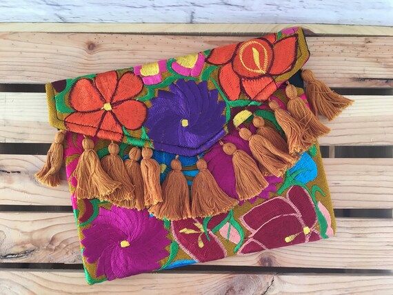 Handmade Mexican Floral Embroidered Pom Pom Clutch Purse Crossbody Bag - Envelope Style Clutch Ba... | Etsy (US)