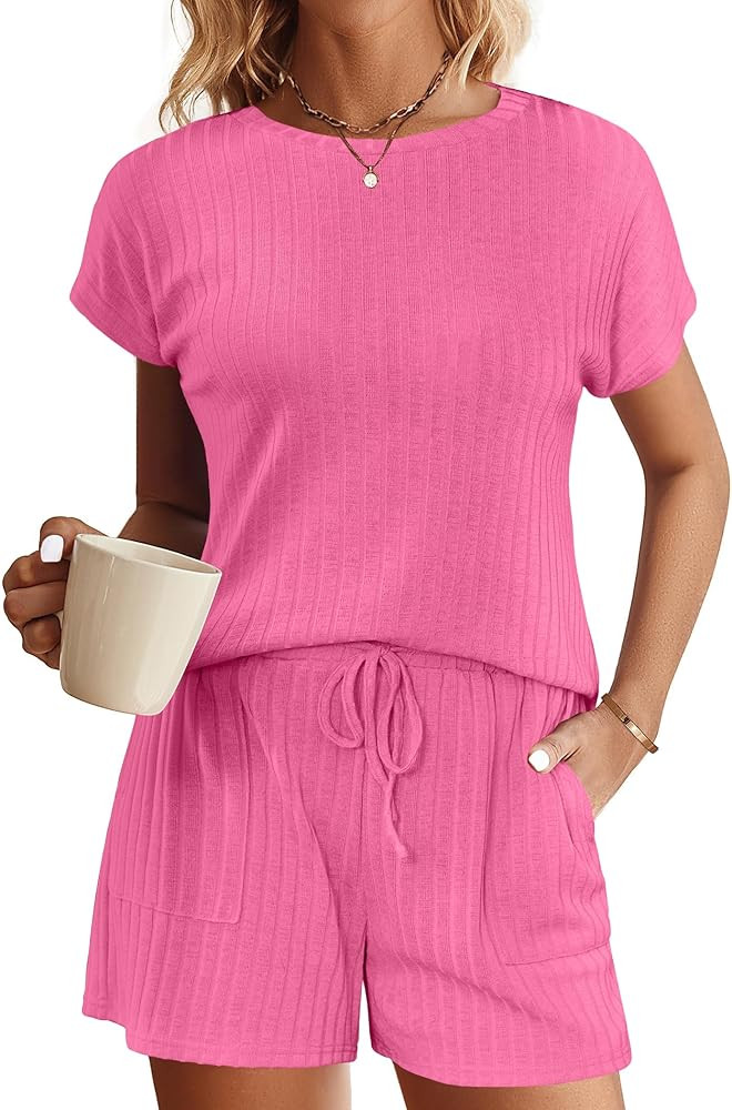 Ekouaer Pajamas Set for Women 2 Piece Pjs Ribbed Knit Lounge Set Cap Sleeve Loungewear Sleepwear ... | Amazon (US)