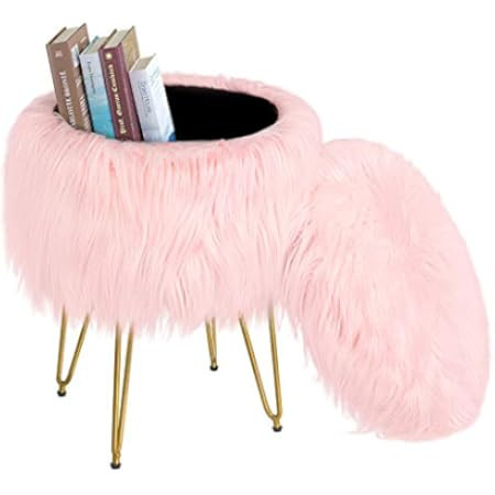 BirdRock Home Round Pink Faux Fur Foot Stool Storage Ottoman with Pale Gold Legs - Vanity Chair - So | Amazon (US)