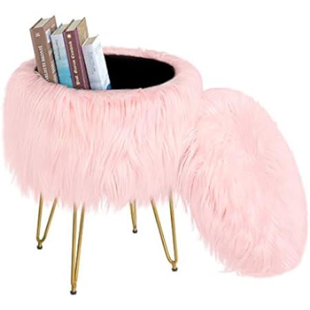 BirdRock Home Round Pink Faux Fur Foot Stool Storage Ottoman with Pale Gold Legs - Vanity Chair - So | Amazon (US)